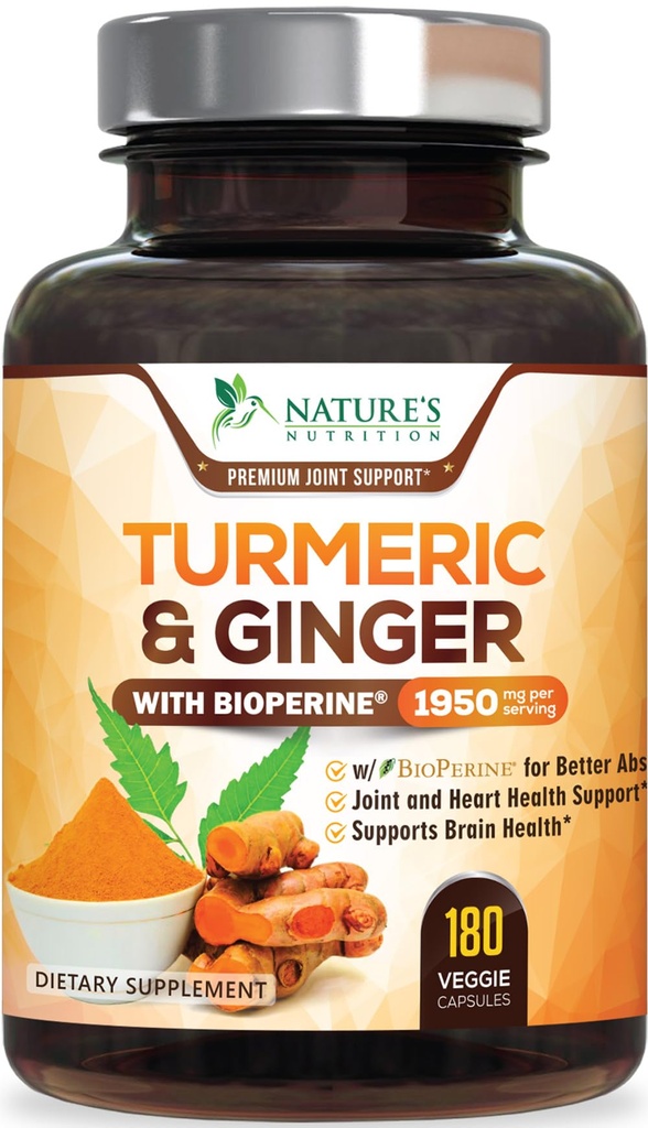 Turmeric Curcumin Supplement - 95% Curcuminoids with Organic Turmeric & Ginger, BioPerine Black Pepper Extract for Best Absorption, Natural Vegan Joint Support, Non-GMO, Bottled in USA - 180 Capsules