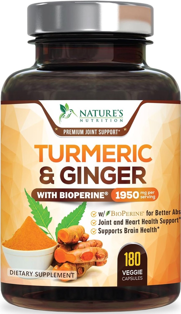 Turmeric Curcumin Supplement 1950mg - 95% Curcuminoids with Organic Turmeric & Ginger, BioPerine Black Pepper for Best Absorption, Nature's Vegan Joint Support, Non-GMO, Bottled in USA - 180 Capsules