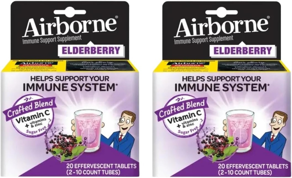 Extracto de Elderberry + Vitamina C 1000mg (por servicio) - Tablas efervescentes aerotransportadas (20ct), Suplemento de apoyo sin gluten, con vitaminas A C E, ZINC " Selenium, Sugar Free (Pack of 2)