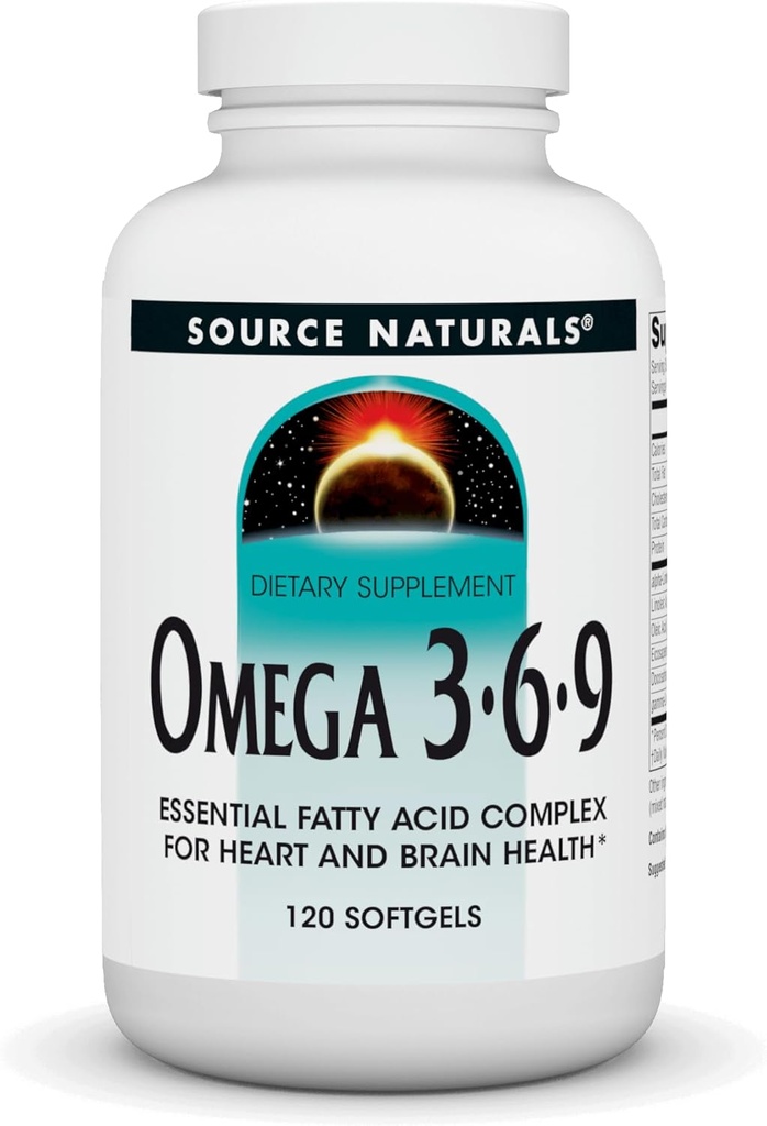Fuente Naturales Omega 3-6-9, Complejo de ácido graso esencial para la salud cardíaca y cerebral* - 120 Softgels