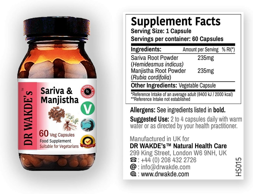DR WAKDE'S Sariva &amp; Manjistha Capsules (60 Veg Caps, Detoxifying Herbs, Supports Healthy Skin, Ayurvedic Supplement, Vegan, Herbal, All Natural, Made in UK)