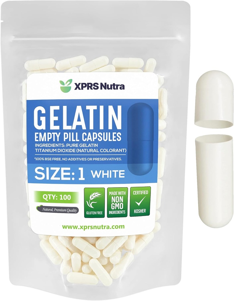 XPRS Nutra Size 1 Empty Capsules - 100 Conde Empty Gelatin Capsules - Pill DIY Capsule Filling - Pure Bovine Pill Gel Caps for Do-It-youself Supplements (White)