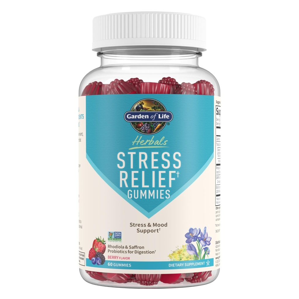 Garden of Life Herbals Stress Relief Gummy with Rhodiola &amp; Saffron for Positive Mood & Stress Response Plus Prebióticos &amp; Probióticos para el soporte digestivo – Non-GMO, Gluten-Free, Kosher, 30 Servidores