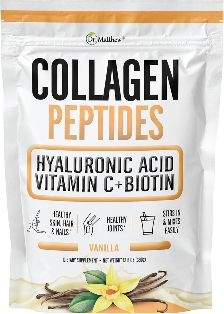 Dr. Matthew Vanilla Collagen Protein Powder con ácido hialurónico, vitamina C y biotina para el cabello, piel, uñas, articulación. Keto, Tipo 1 y 3.