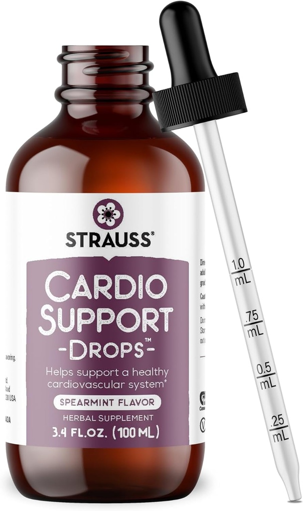Strauss Naturals Cardio Support Drops – Natural Herbal Heart Health Supplement – Helps Maintain Healthy Cardiovascular System for Men and Women – Vegan &amp; Non-GMO – Spearmint Flavored – 100 ml Bottle