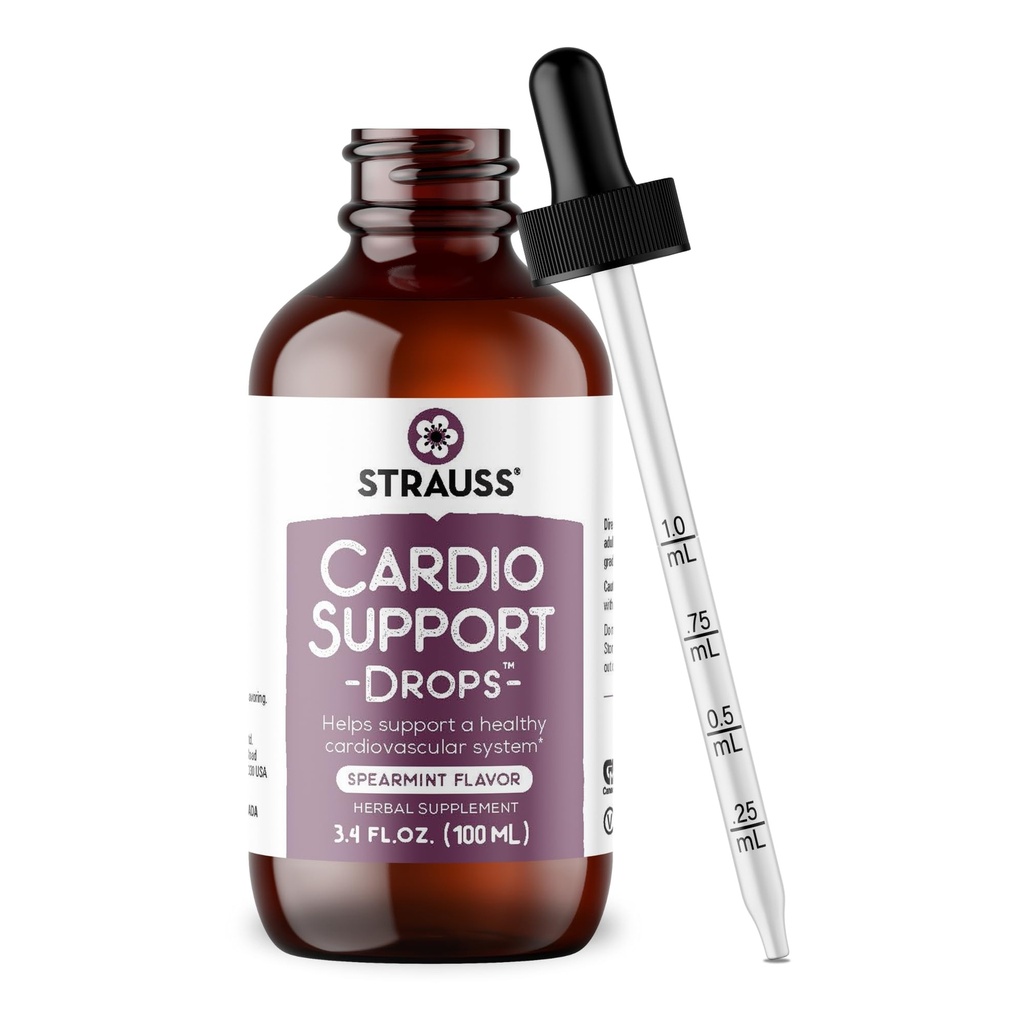 Strauss Naturals Cardio Support Drops – Natural Herbal Heart Health Supplement – Helps Maintain Healthy Cardiovascular System for Men and Women – Vegan &amp; Non-GMO – Spearmint Flavored – 100 ml Bottle