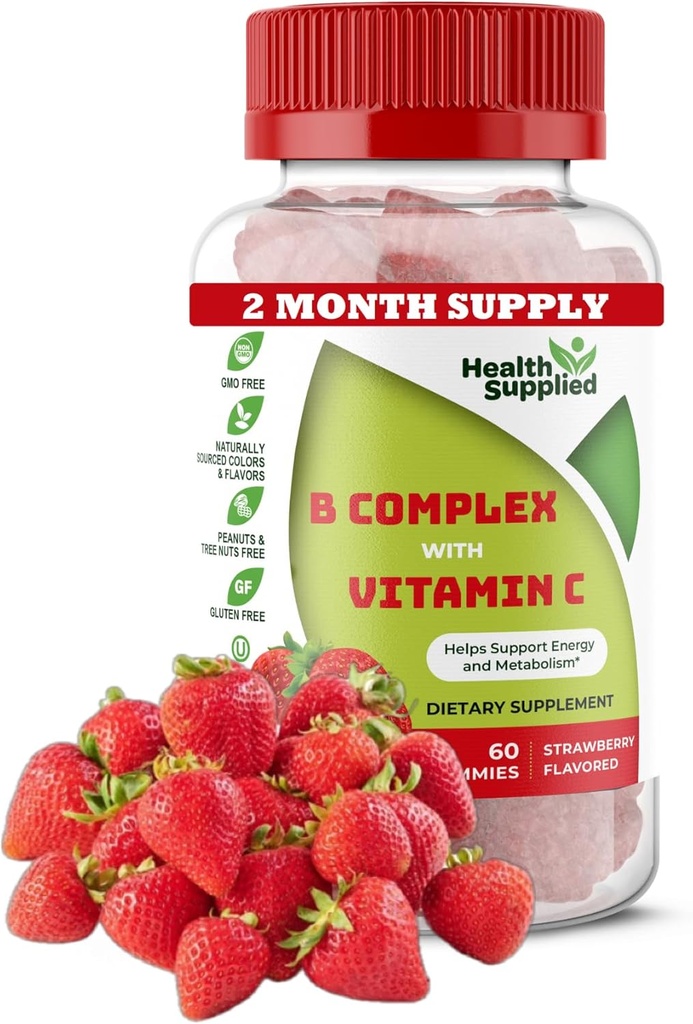 Strawberry Flavored Vitamin B Complex Gummies - B Complex with Vitamin C - Supports Nervous System and Boosts Energy Levels - Assists with Cognitive Function - Great Tasting and Easy to Swallow
