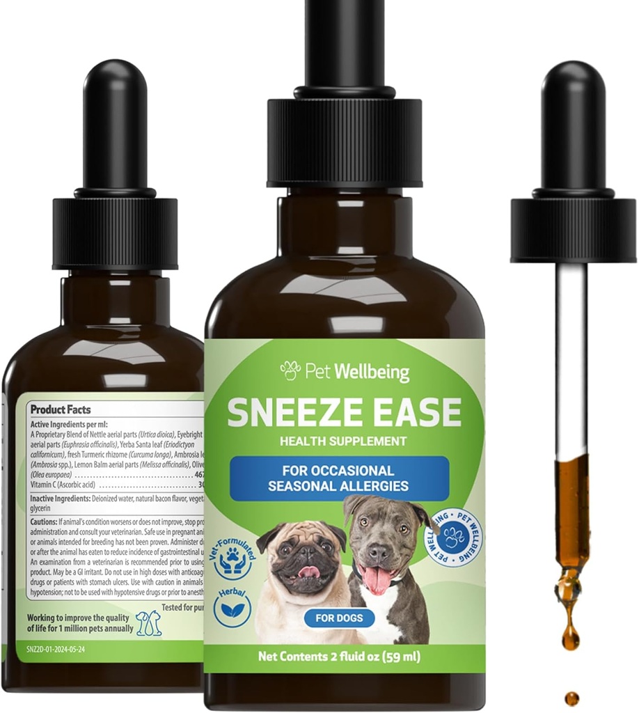 Pet Well being Sneeze Ease for Dogs - Occasional Sneezing, Seasonal Allergies, Nose & Eye Discomfort, Eyebright, Nettles - Veterinarian-Formulated Herbal Supplement 2 oz (59 ml)