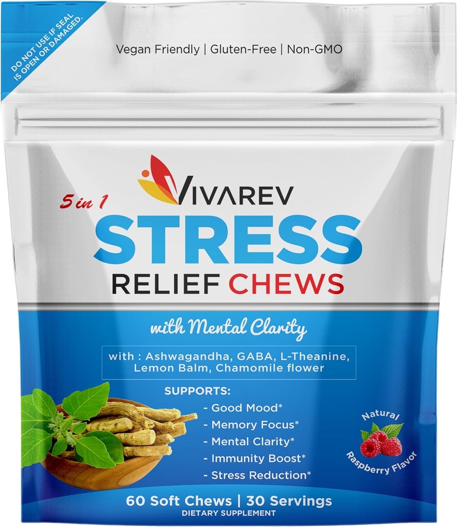 Stress Relief Ashwagandha Gummies - Formulado con Ashwagandha, GABA, L Theanine, Lemon Balm &amp; Chamomile Flower como un suplemento de alivio de estrés y foco- Natural Raspberry Flavor, Pack de 60