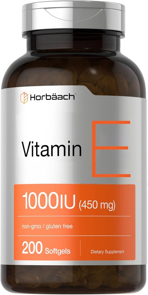 Horbäach Vitamina E 1000 U Softgel Capsules  200 Count ← Non-GMO, Gluten Free, Preservative Free ← Vitamin E Oil
