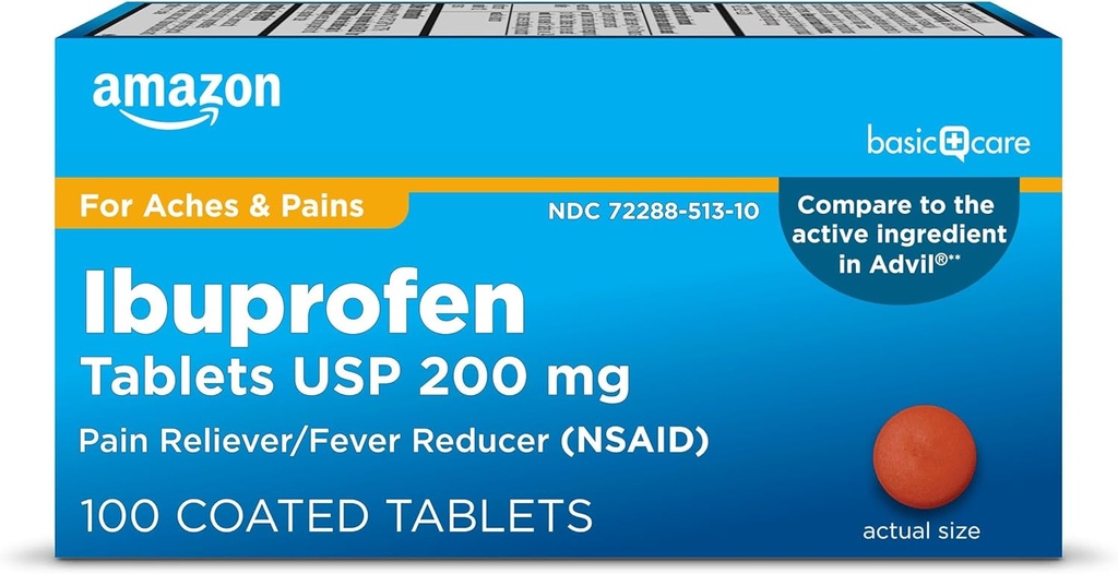 Cuidado básico Ibuprofeno Tablas 200 mg, Dolor/Reductor de Dolor, 100 Cuentas (Paquete puede variar)