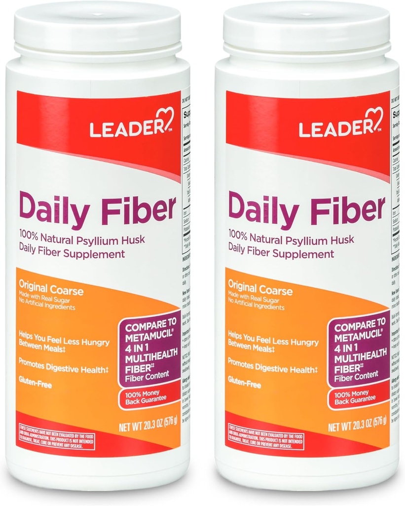 LEADER Psyllium Husk Powder Supplement 4-in-1 Fiber for Digestive Health, Plant Based 100% Natural Psyllium Husk Daily Fiber, Gluten Free, Non-GMO, Compare con Metamucil 20.3 OZ (Pack of 2)