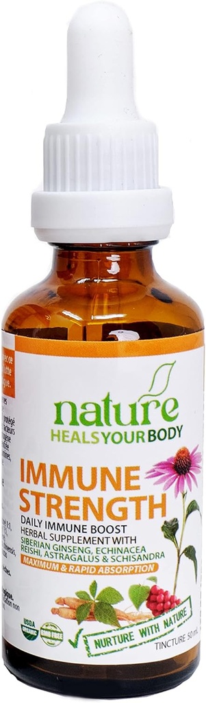 Immune Strength Herbal Tincture – Natural Daily Immunity Booster - Siberian Ginseng TEN Echinacea TEN Reishi ANTE Astragalus ANTE Schisandra – Organic Herbs (50 mL)