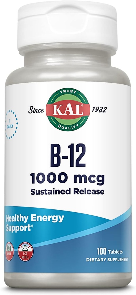 KAL Vitamina B12 1000mcg, Suplemento de liberación sostenida para energía saludable, metabolismo, salud cardíaca, apoyo a células nerviosas y rojas de sangre, Fórmula de larga duración, Vegan, 100 servicios, 100 tabletas