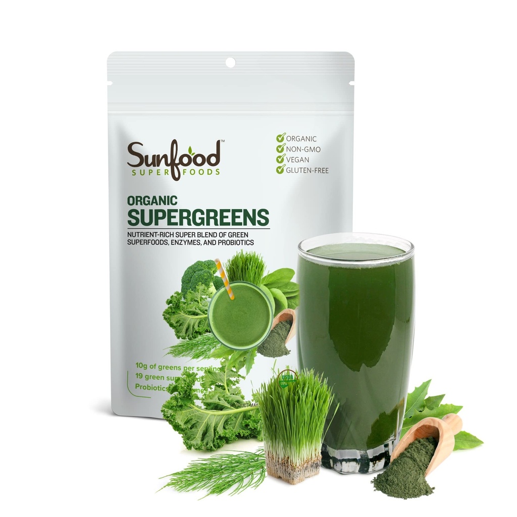 Sunfood Superfoods Organic Supergreens Blend - Greens Superfood Powder, Daily Green Juice Powder, Vegetable Smoothie Drink Mix with Chlorella, Spirulina, Alfalfa, Kale, & More - 8 oz Bag