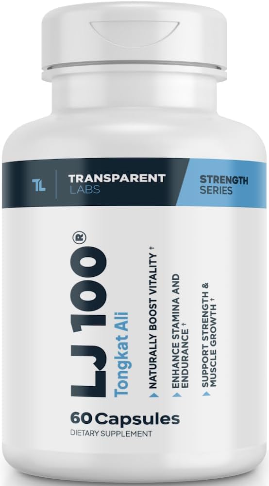 Laboratorios transparentes LJ100 - Eurycoma Longifolia Tongkat Ali Extract 100mg Capsules for Lean Body Mass, Strength, and Performance Enhancement - 60 Cuenta