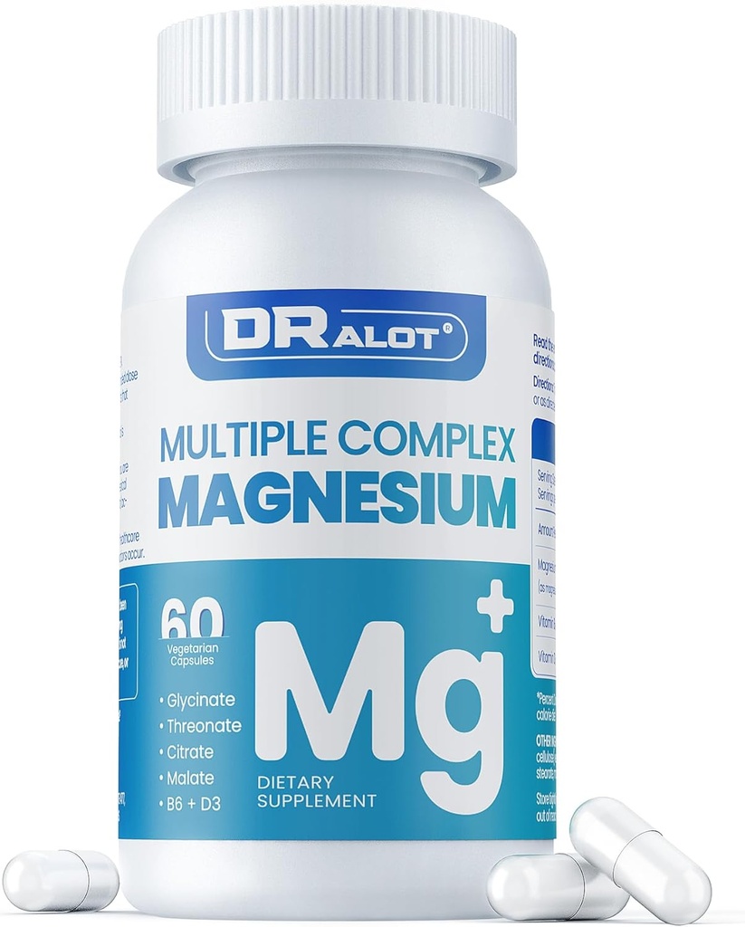 Suplemento de magnesio de cuádruple, 400 mg de glinato de magnesio de apalato, l-treonado, citrato " malate " Max Absorption Complex w/Vitamin D3 " B6, para músculos del corazón del sueño Nerves, non-GMO, 60 caps veganos