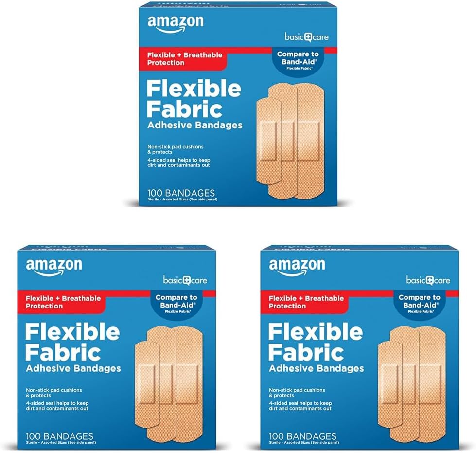 Cuidado básico Bandas adhesivas de tejido flexible, primeros suministros de ayuda y cuidado de heridas, tamaños surtidos, 100 cuenta (Pack of 3)