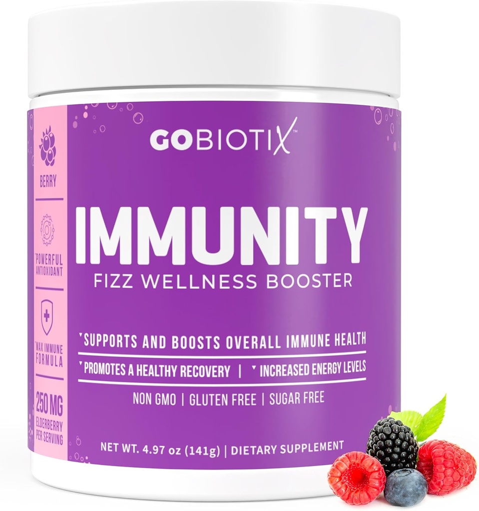 GOBIOTIX Vitamina C - Immune Defense Support Suplemento - Immunity Powder Wellness Booster - Vegan Superfood - Elderberry, Turmeric, B12 Suplemento de Vitamina, No GMO y Azúcar Libre (Berry)