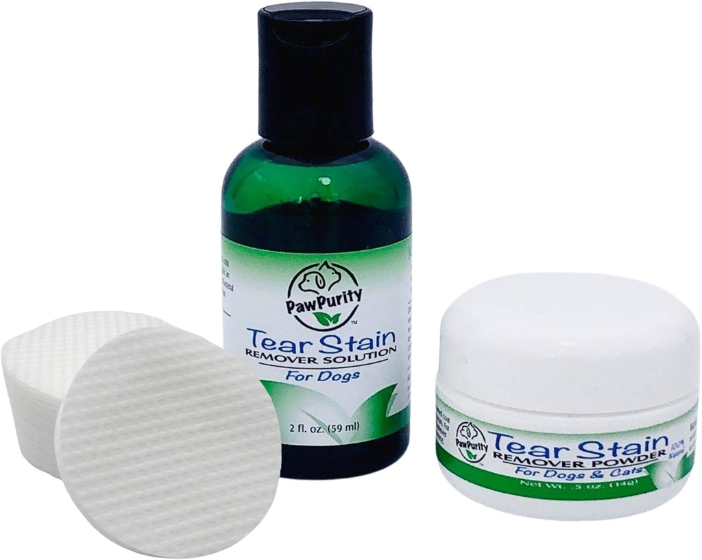PawPurity Tear Stain Remover Kit de inicio para perros ¦ Incluye Tear Stain Remover Solución 2 oz, Powder .5oz y 30 Pads de aplicación ← 100% natural ¦ La eliminación toma alrededor de 7-10 días (30-45 días suministro)