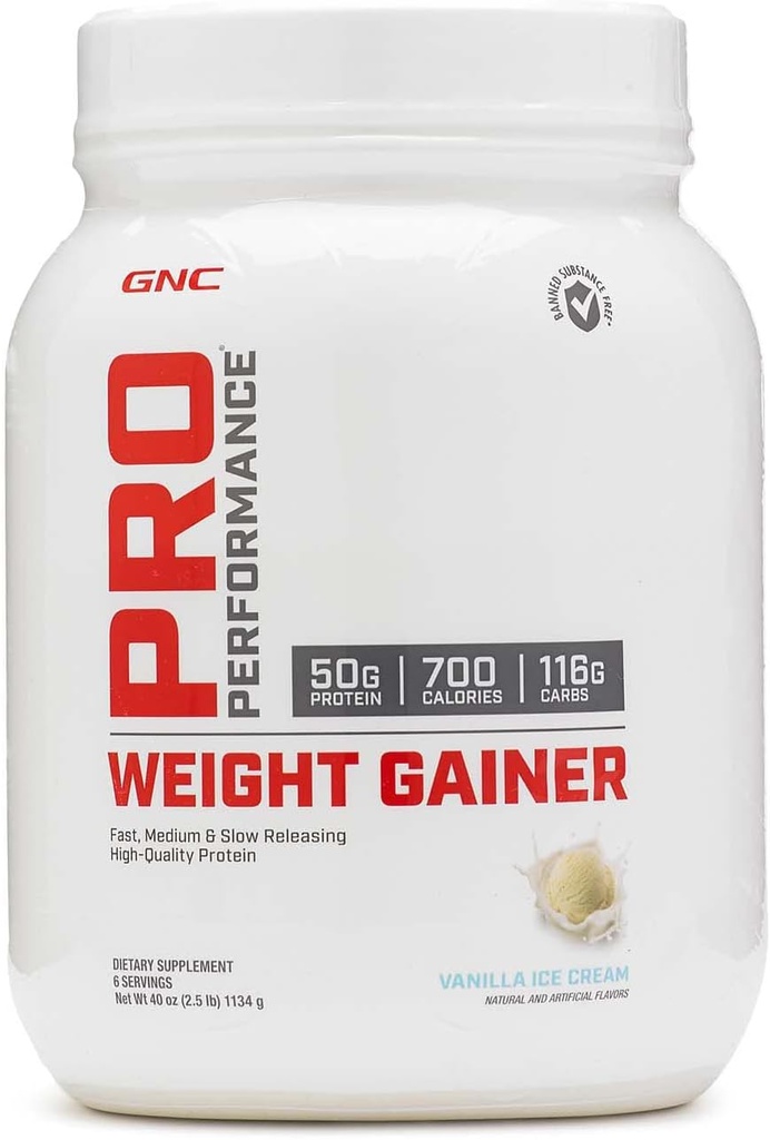 GNC Pro Performance Weight Gainer Protein Powder, 50g Protein, Calorie alta, 700 calorías, soporta la recuperación de masa y músculo, MCT, BCAA, 3er Parte testado, Crema de hielo de vainilla, 6 piezas, 2,5 libras