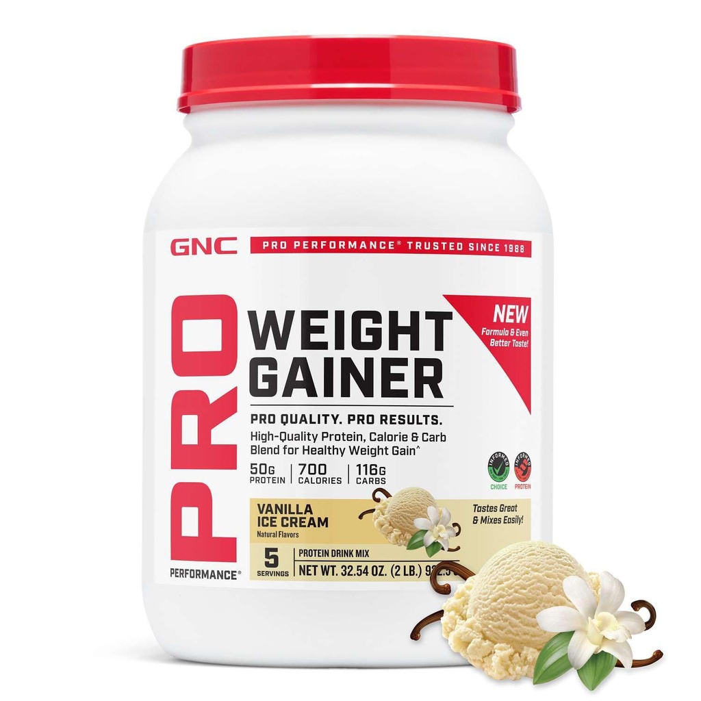 GNC Pro Performance Weight Gainer Protein Powder, 50g Protein, Calorie alta, 700 calorías, soporta la recuperación de masa y músculo, MCT, BCAA, 3er Parte testado, Crema de hielo de vainilla, 6 piezas, 2,5 libras