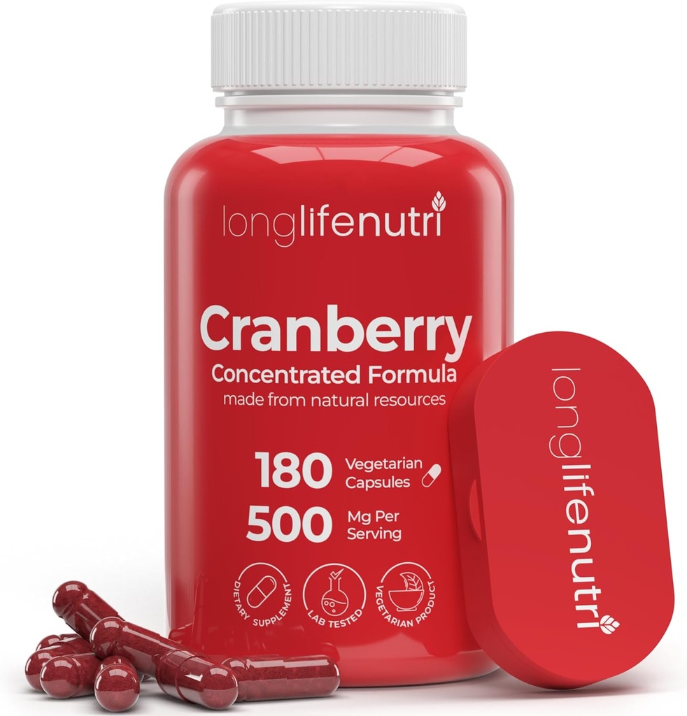 LongLifeNutri Cranberry Extract with Vitamin C & E - Fórmula concentrada pura, 500 mg por servidumbre, 180 cápsulas vegetarianas, Urinary Tract Health &amp; Bladder, 6 Month Supply, Made in USA