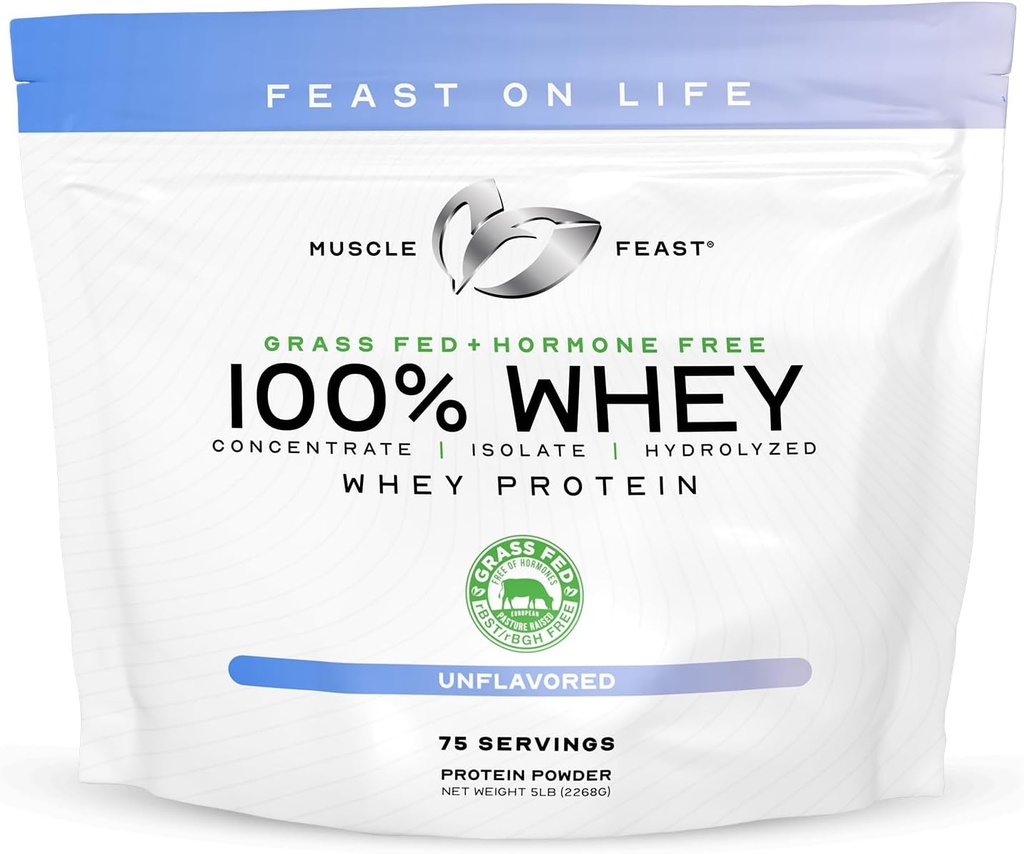 Muscle Feast 100% Grass Fed Whey Protein Powder, All Natural Hormone Free Paure Raised Whey Protein Powder for Women ' Men- Whey Concentrate, Isolate & Hydrolyzed Protein Powder Blend- Unflavored, 5lb