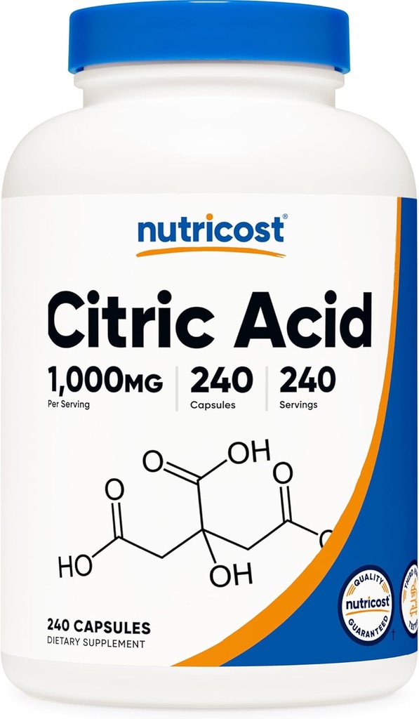 Nutricost Citric Acid 1000mg (1 gram), 240 cápsulas - Gluten Free, Non-GMO
