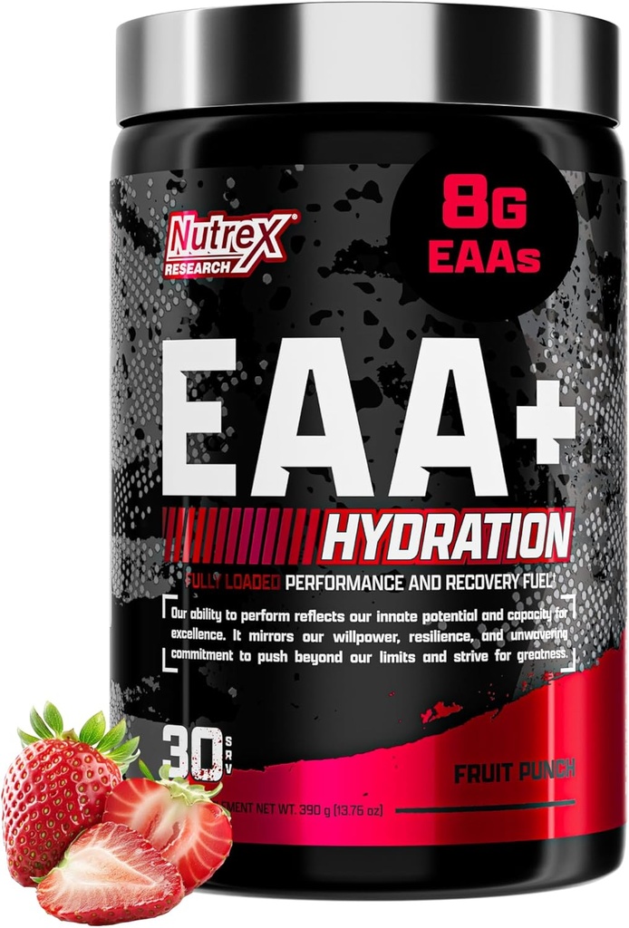 Nutrex Research EAA Hydration ← EAAs + BCAA Powder ← Recuperación del Musculo, Fuerza, Edificio del Musculo, Resistencia 8G Aminoácidos Esenciales + Electrolitos tención 30 Servings (Fruit Punch)