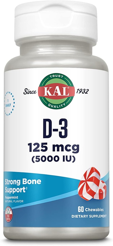 KAL Vitamina D3 5000 UI 125 mcg, Alta Potencia Vitamina D Chewables, Calcium Absorption, Bone Health and Immune Support Suplemento, Natural Peppermint Flavor, 60-Day Guarantee, 60 Servings, 60 Chews
