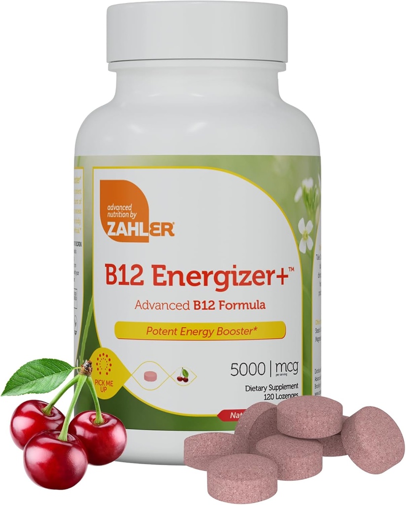 Zahler Energizer+ Vitamina B12-5000 mcg Vitamina B12 - Natural Cherry Flavor Lozenges Dissolvable - Kosher Gluten Free Non-GMO B12 Vitaminas 5000 mcg, Energy Boost, Made in USA (120 Cuenta)