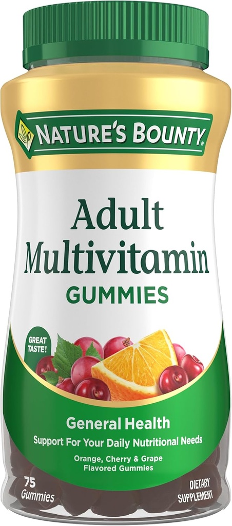 Mangas multivitamínicas de adultos abundantes de la naturaleza, Suplemento de vitaminas, Necesidades diarias de nutrición, Orange, Cherry y Flavor de uva, 75 Gummies