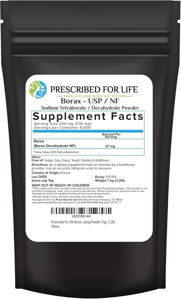 Prescrito para Life Borax Powder, Pure USP NF Grade All Natural Sodium Borate Powder, Household Lavandería Booster, Slime Activator & Multipropósito de Limpieza (1kg / 2.2lb)