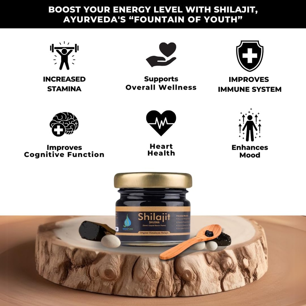 Vedapure Purest Himalayan Shilajit Resin 100% puro Shilajit con ácido fúlvico &amp; 85+ Trace Minerals Complex for Energy &amp; Immune Support, 15 Grams