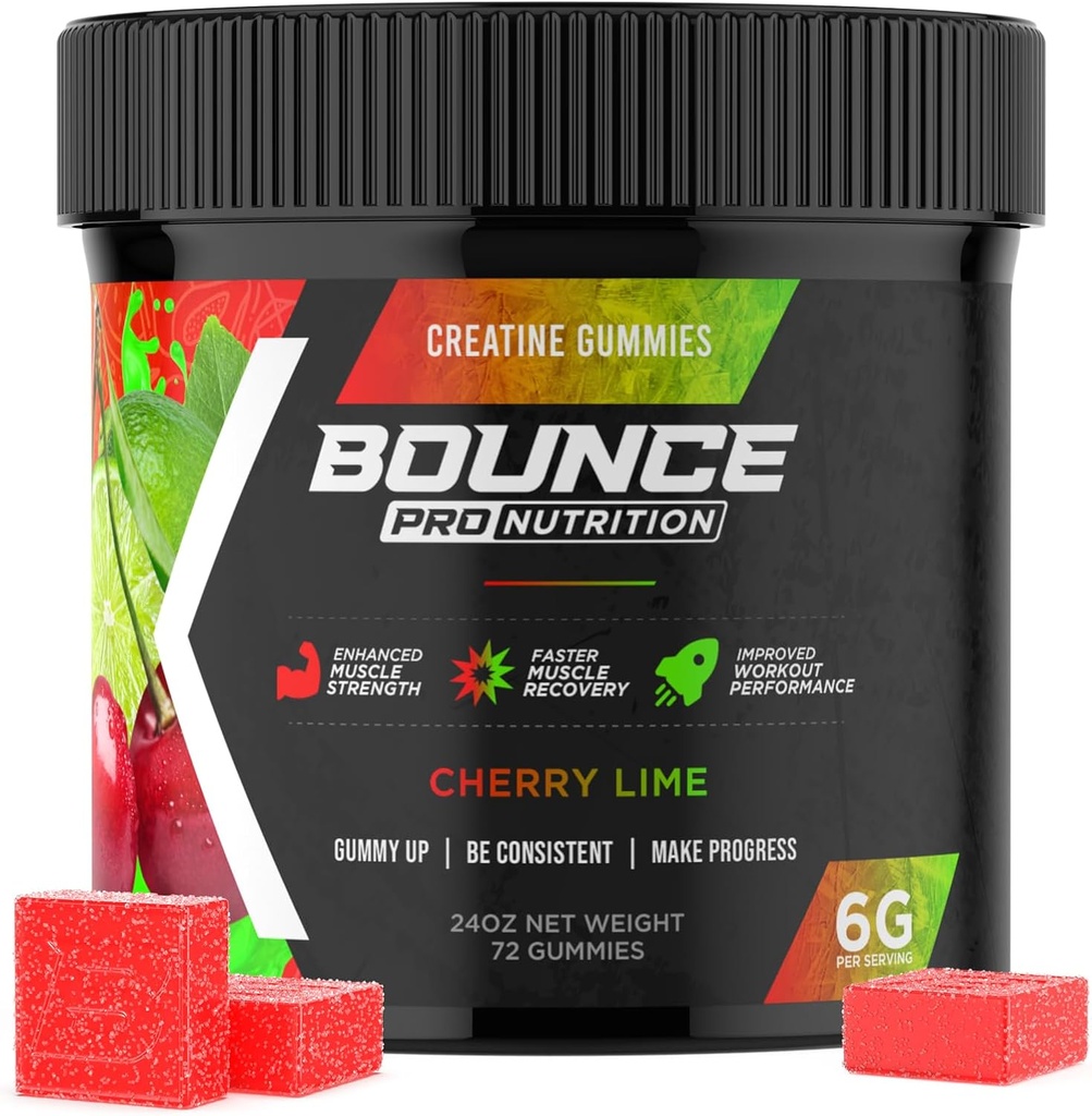 Bounce Pro Creatine Monohydrate Gummies for Men &amp; Women, Low Calorie, 6G de Creatine per Serving, Vegan, Anti-Melting, Gluten-Free, Non-GMO, 2g de Creatine per Gummy (72ct, Cherry Lime)