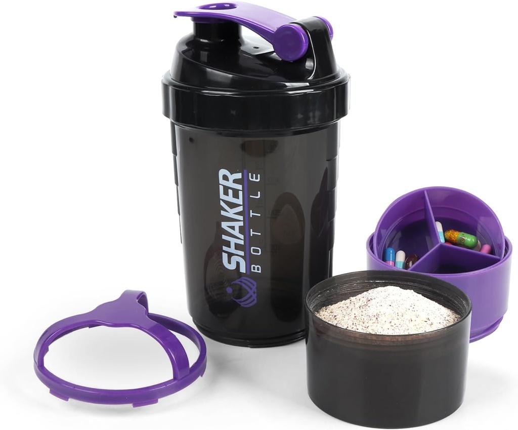 Shaker Bottle - Protein Shaker Cup con Compartimientos de almacenamiento - Botellas de afeitado resistente a la fuga con mezclador para mezclador de espuma-500ML/16oz (PURPLE &amp; BLACK)