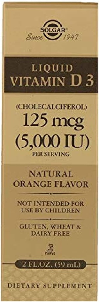 Solgar Vitamina Líquida D3 125 mcg (5,000 UI) - 2 fl oz - Delicious, Natural Orange Flavor - Ayuda a mantener los huesos saludables & dientes - Immune System Support - Gluten Free, Dairy Free, Kosher - 59 Servings