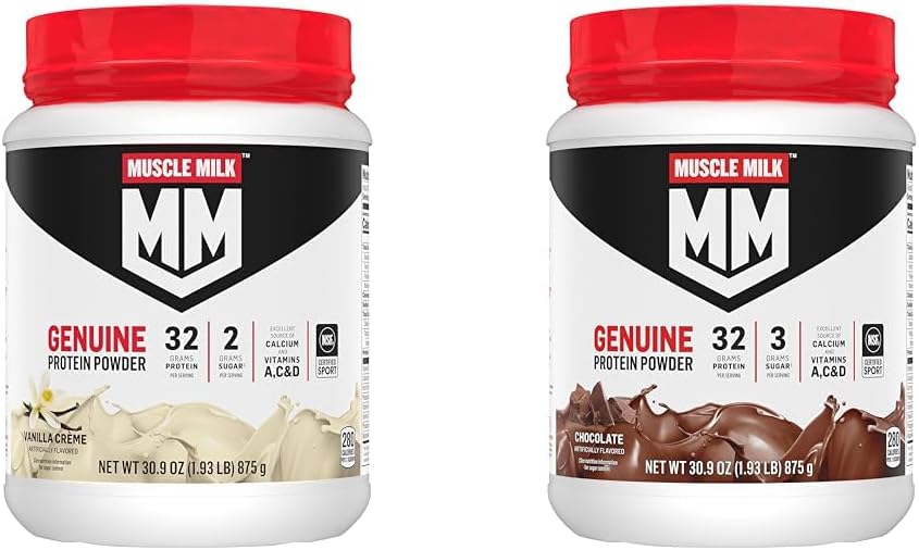 Muscle Milk Genuine Protein Powder Bundle, Vanilla Crème 1.93 libras 12 serviendo 32g Protein 2g Azúcar y Chocolate 1.93 libras 12 serviendo 32g Protein 3g Azúcar
