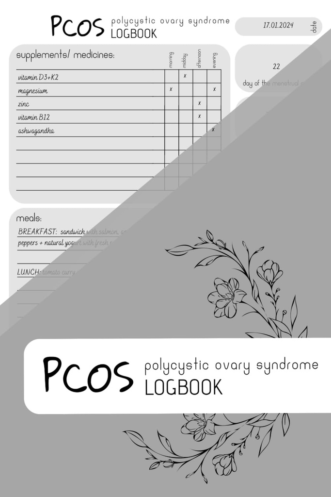 PCOS LOGBOOK: Supplements Tracker, Meal Planner, Period Tracker, 150 Pages, 6x9 in, Minimalist Design