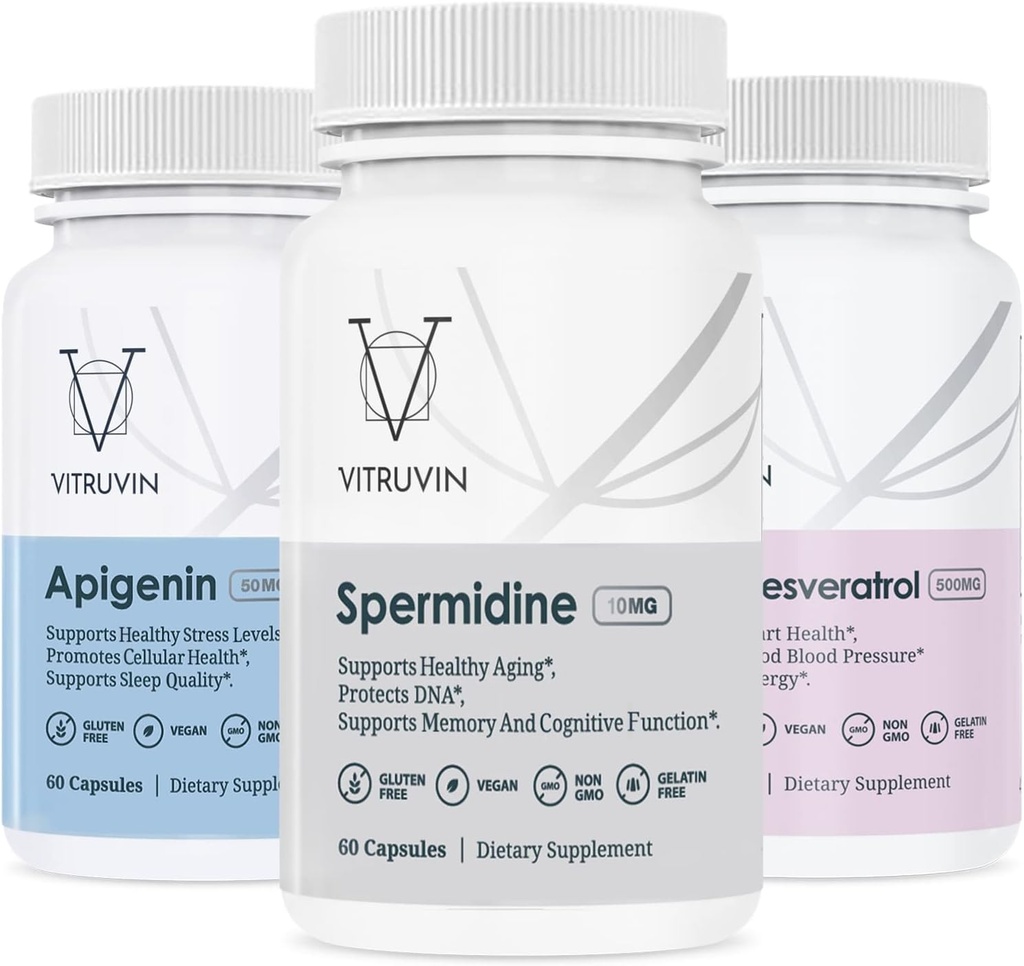 Vitruvin Longevity Plus (Spermidine 2x10mg, Apigenin 2x50mg, Resveratrol 500mg + Piperine 5mg) Vegan, Non-GMO, Gluten-Free, Gelatin-Free.