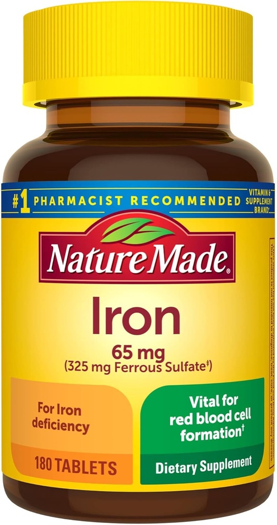 Nature Made Iron 65 mg (325 mg Ferrous Sulfate) Dietary Supplement for Red Blood Cell Support 180 Tablets (Pack of 1)?