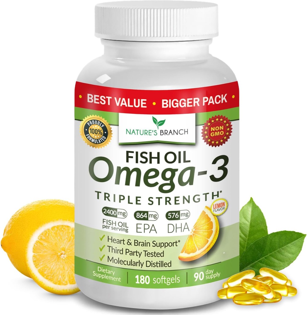 Las mejores píldoras de aceite de pescado Omega 3 triples - 180 cápsulas - 2400 mg de alta potencia Burpless Lemon Flavor 864mg EPA 576mg DHA Ultra Pure Liquid Softgels for Brain Joints Eyes Heart Health Supplement