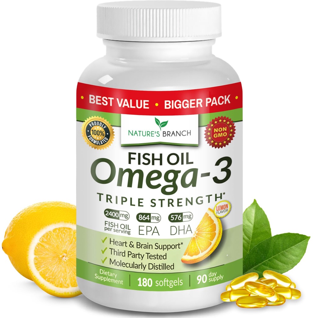 Las mejores píldoras de aceite de pescado Omega 3 triples - 180 cápsulas - 2400 mg de alta potencia Burpless Lemon Flavor 864mg EPA 576mg DHA Ultra Pure Liquid Softgels for Brain Joints Eyes Heart Health Supplement