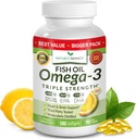 Las mejores píldoras de aceite de pescado Omega 3 triples - 180 cápsulas - 2400 mg de alta potencia Burpless Lemon Flavor 864mg EPA 576mg DHA Ultra Pure Liquid Softgels for Brain Joints Eyes Heart Health Supplement