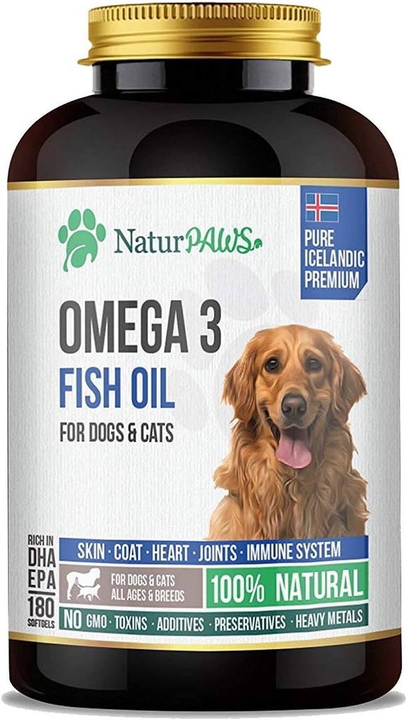 Omega 3 suplemento de aceite de pescado para perros y gatos - 1000 mg DHA puro y EPA Omegas - Soportes saludable de la carne y la piel, corazón, sistema inmunológico, articulaciones y cadera - 180 softgels