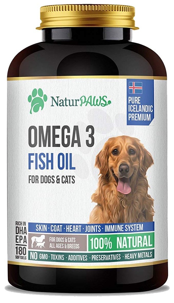 Omega 3 suplemento de aceite de pescado para perros y gatos - 1000 mg DHA puro y EPA Omegas - Soportes saludable de la carne y la piel, corazón, sistema inmunológico, articulaciones y cadera - 180 softgels