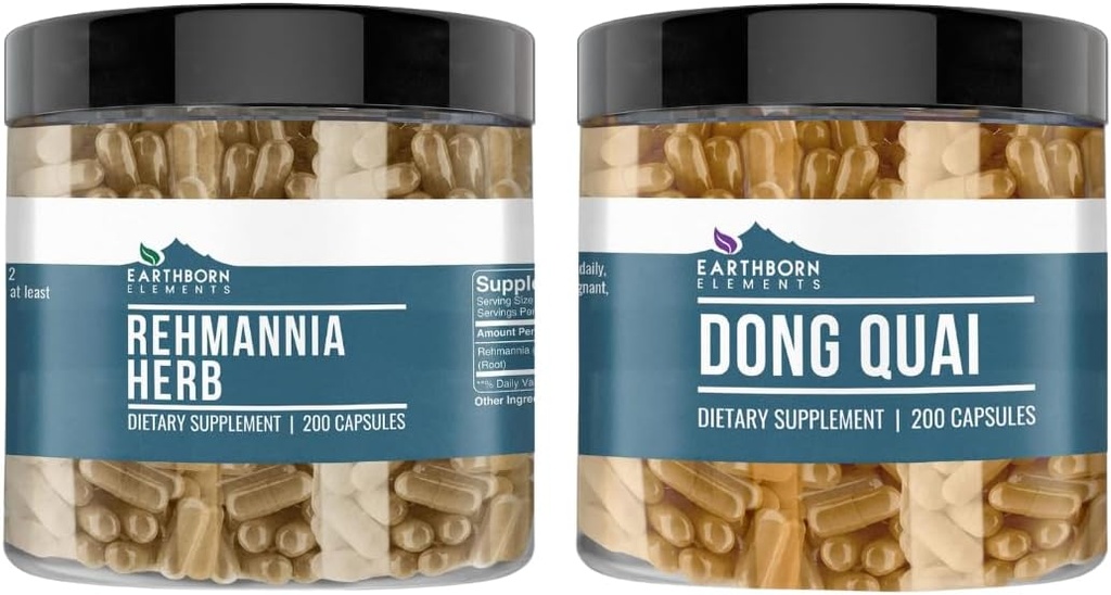 Elementos tercos Rehmannia Herb y Dong Quai Bundle, 200 capsules Cada uno, Puro " Undiluted, No Additives