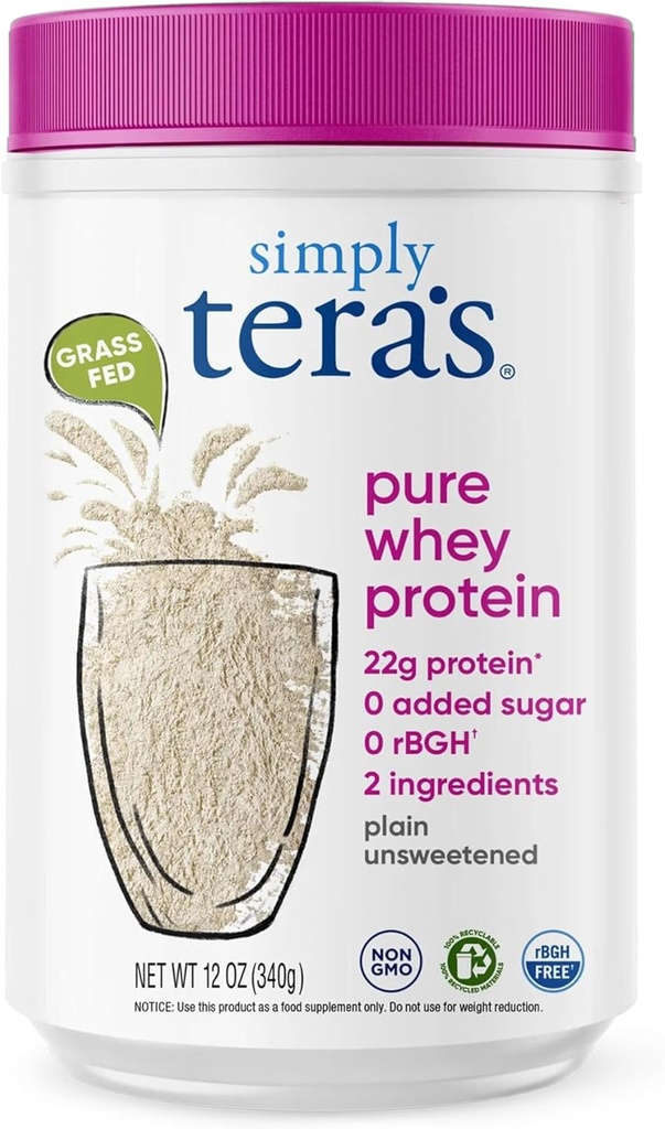 simplemente tera's Pure Whey Protein Powder - Grass Fed Whey Protein Powder, Clean & Natural, Unflavored, Non-GMO, Kosher, Unsweetened - 12 Oz.