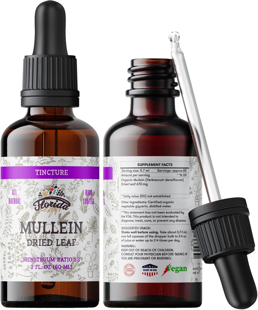 Mullein Tincture Extract, Organic Mullein (Verbascum densiflorum) Dried Leaf Herbal Supplement in Cold-Presed Vegetable Glycerin 670 mg